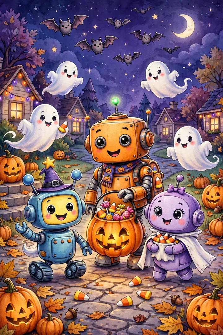 Cozy Robots Halloween Coloring Book cover